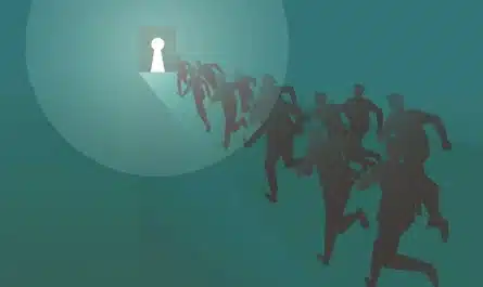 Silhouettes running towards a keyhole